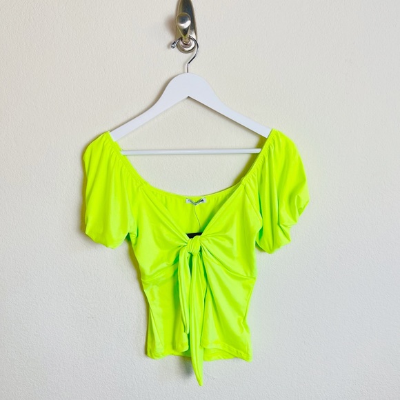 Fashion Nova Tops - NWT Neon Lime Green Milkmaid Bardot Self Tie Top